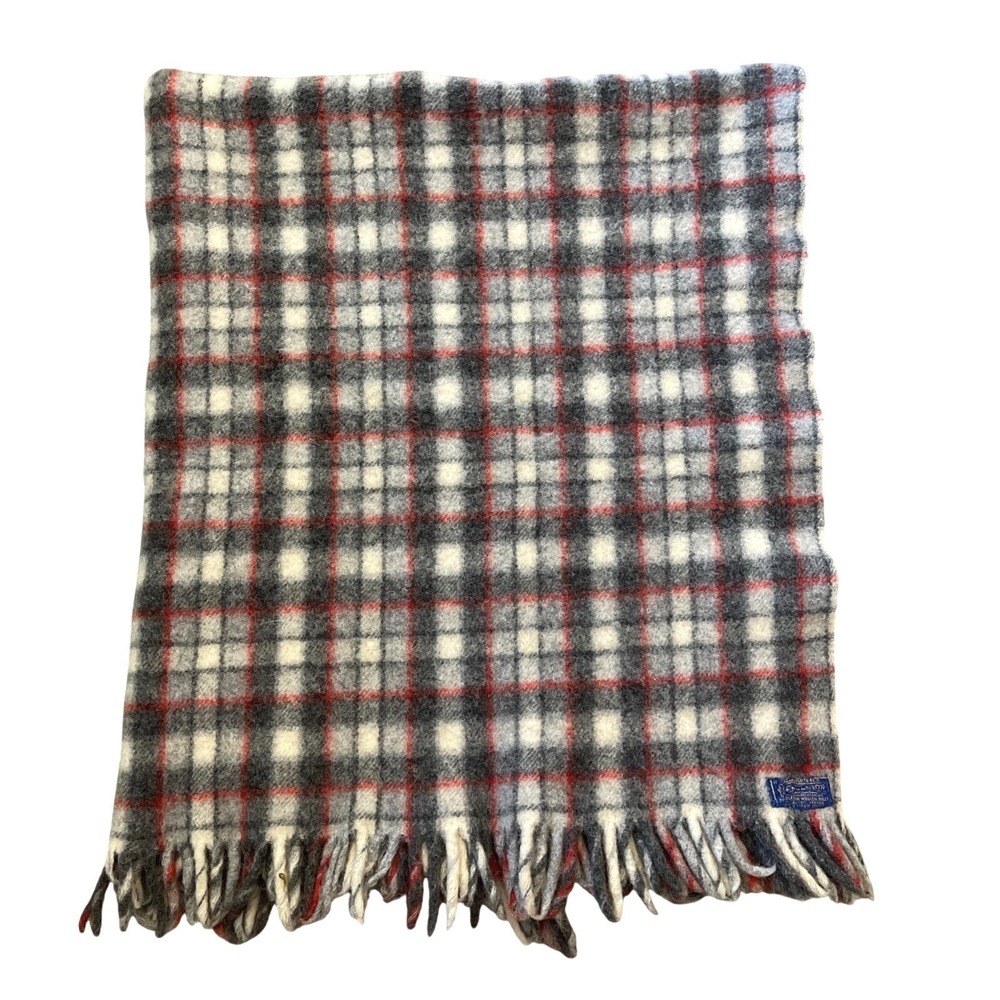 Vtg Pendleton Small‎ Throw Virgin Wool Blanket Plaid Red Grey 40"x 48" Lap Baby